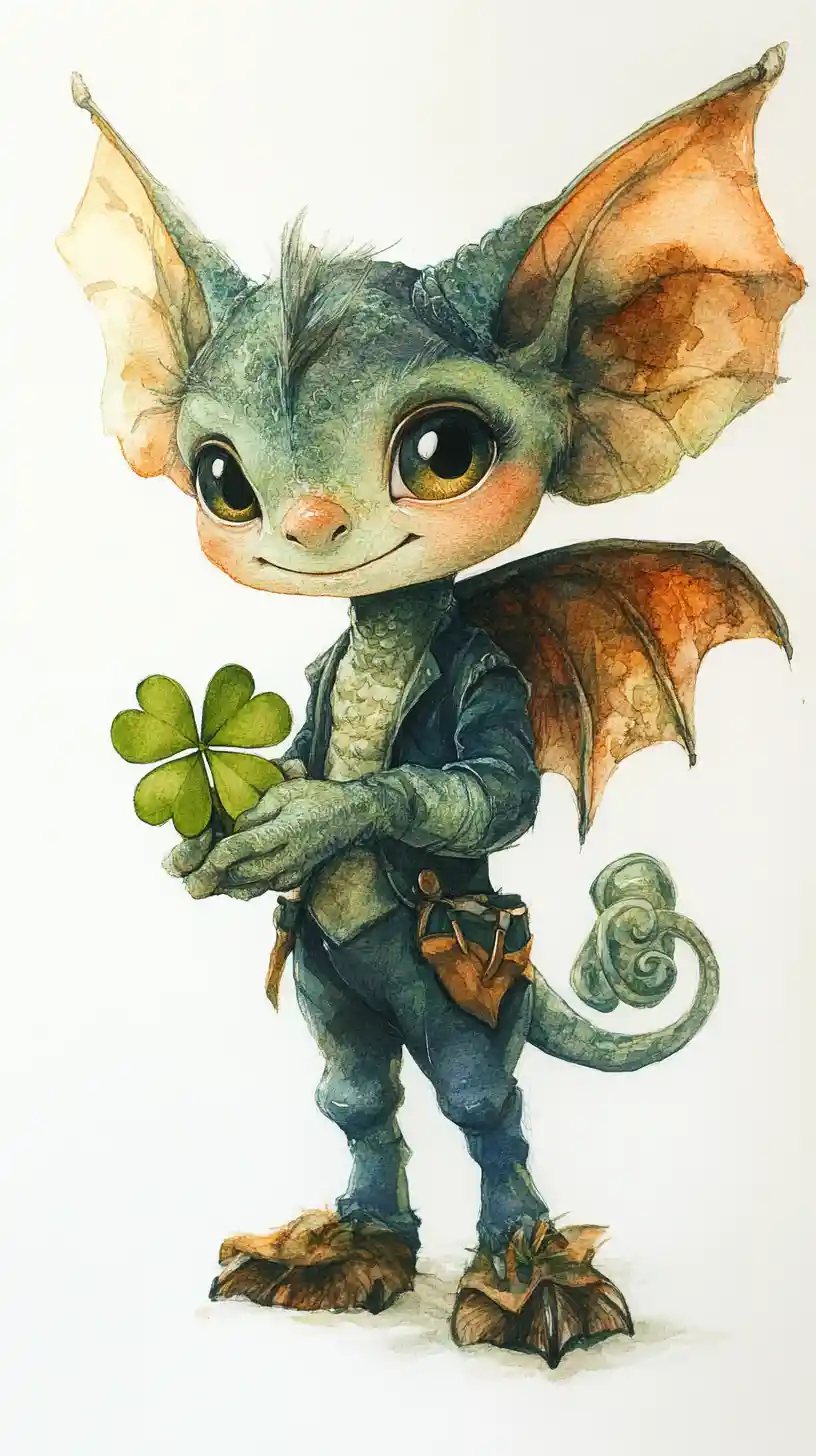 Leprecauno da sogno in acquerello che tiene un piccolo trifoglio