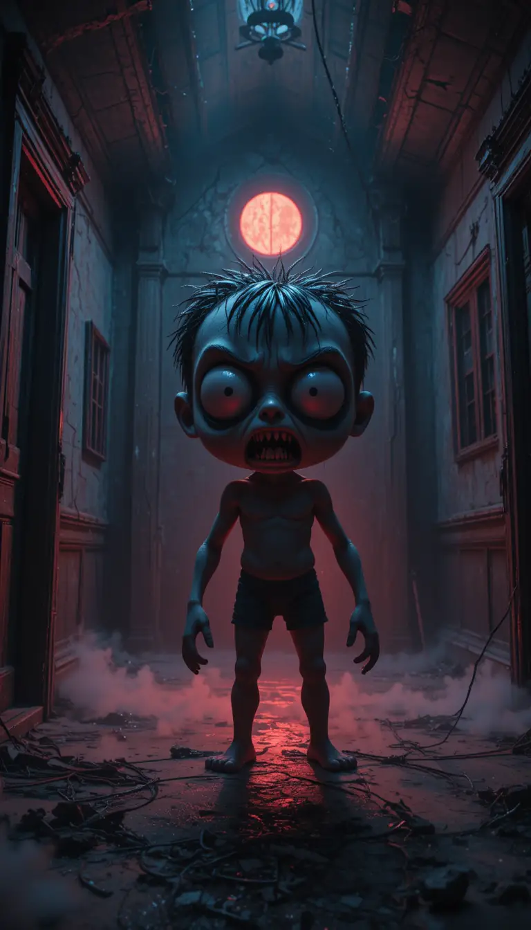 Terrified cartoon figure in a haunted abandoned house