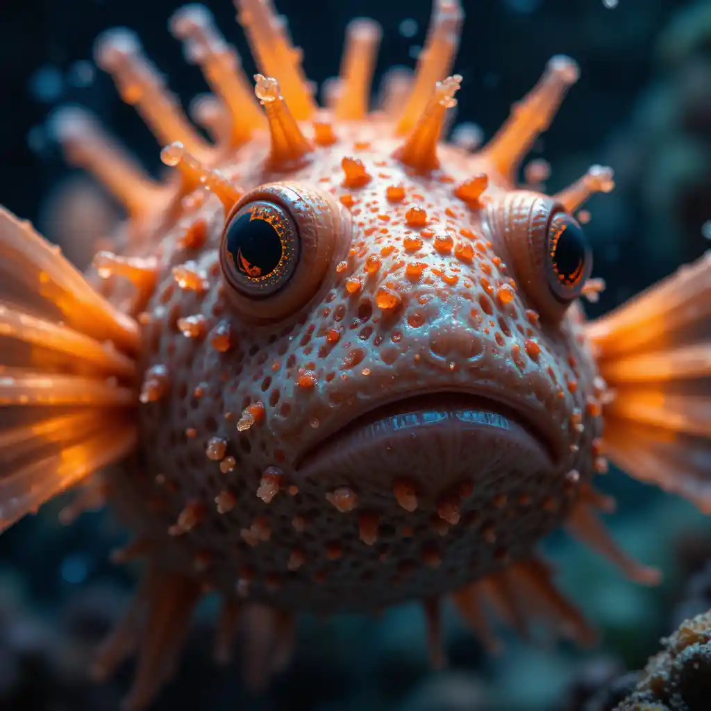 Cinematic close up of a pufferfish with toxic glow