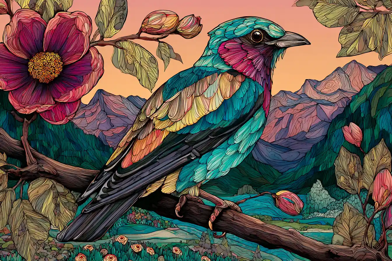 Stained glass watercolor bird perched on a branch