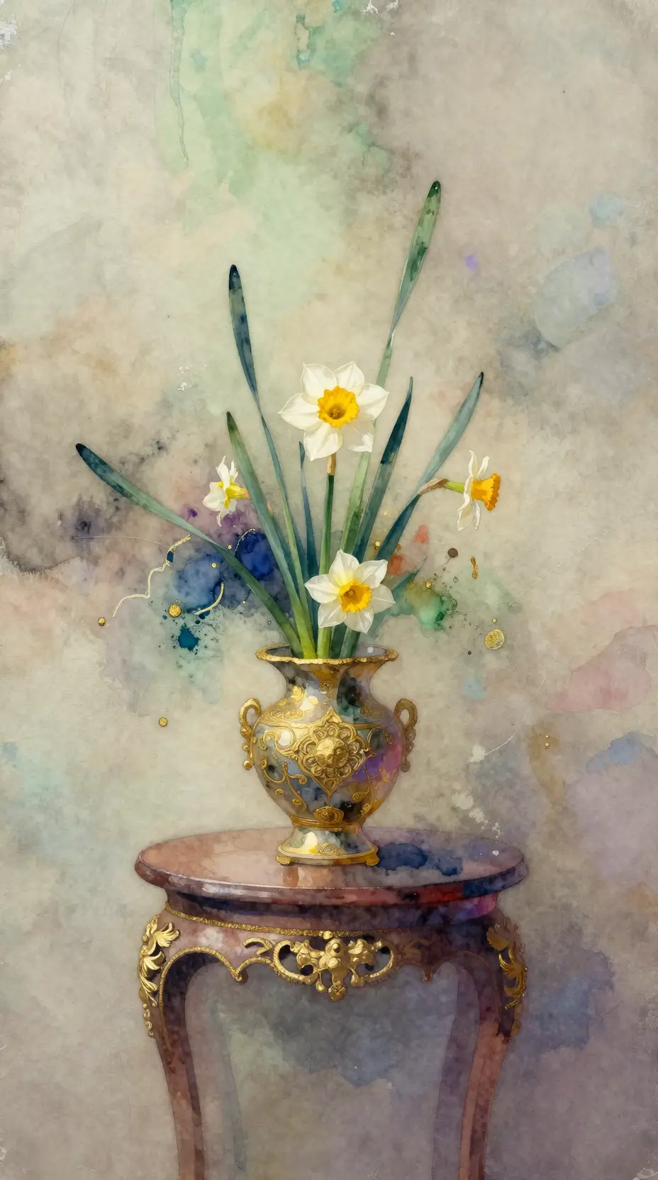 Composizione ikebana astratta con narciso in vaso decorato