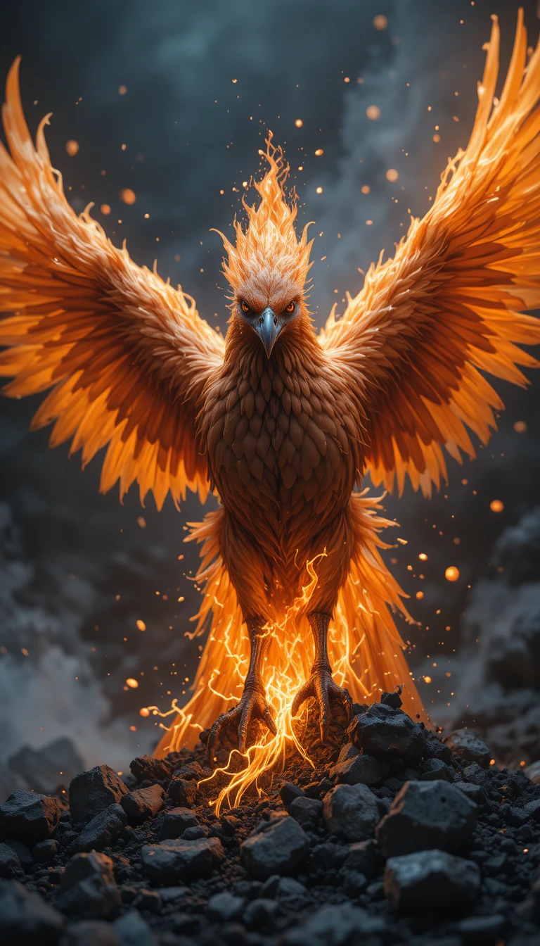 Fenice che risorge con calma dalle ceneri fredde in ritratto ravvicinato