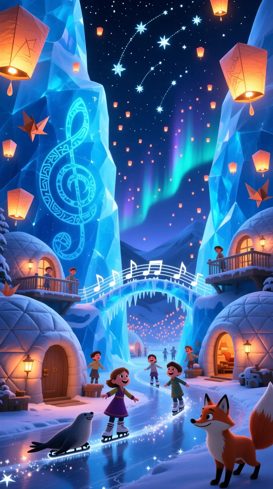 Secret ice village glowing inside a colossal blue glacier