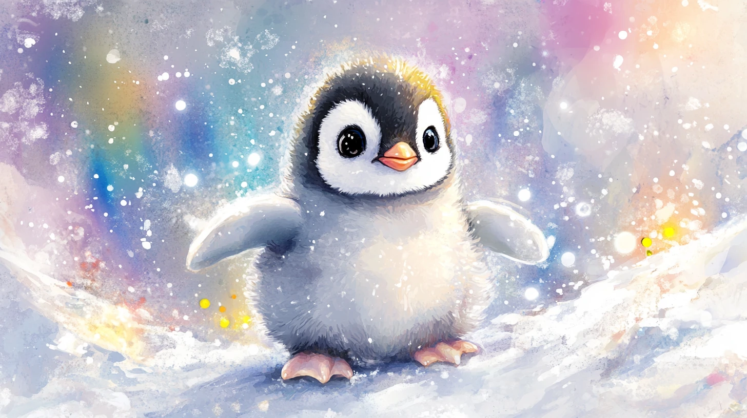 Adorable bébé manchot sur un floe de glace sous un ciel d’aurore lumineuse