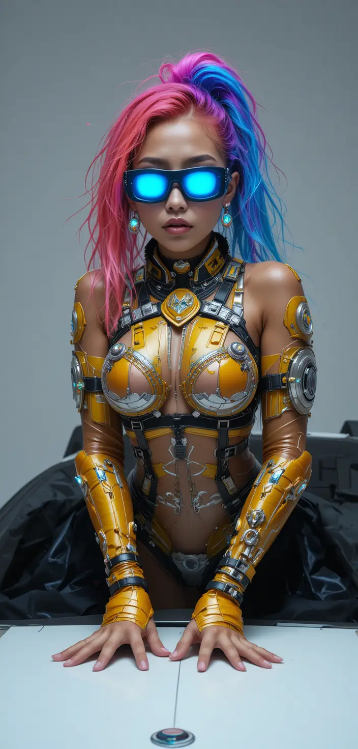 Cyberpunk supergirl in studio fashion portrait