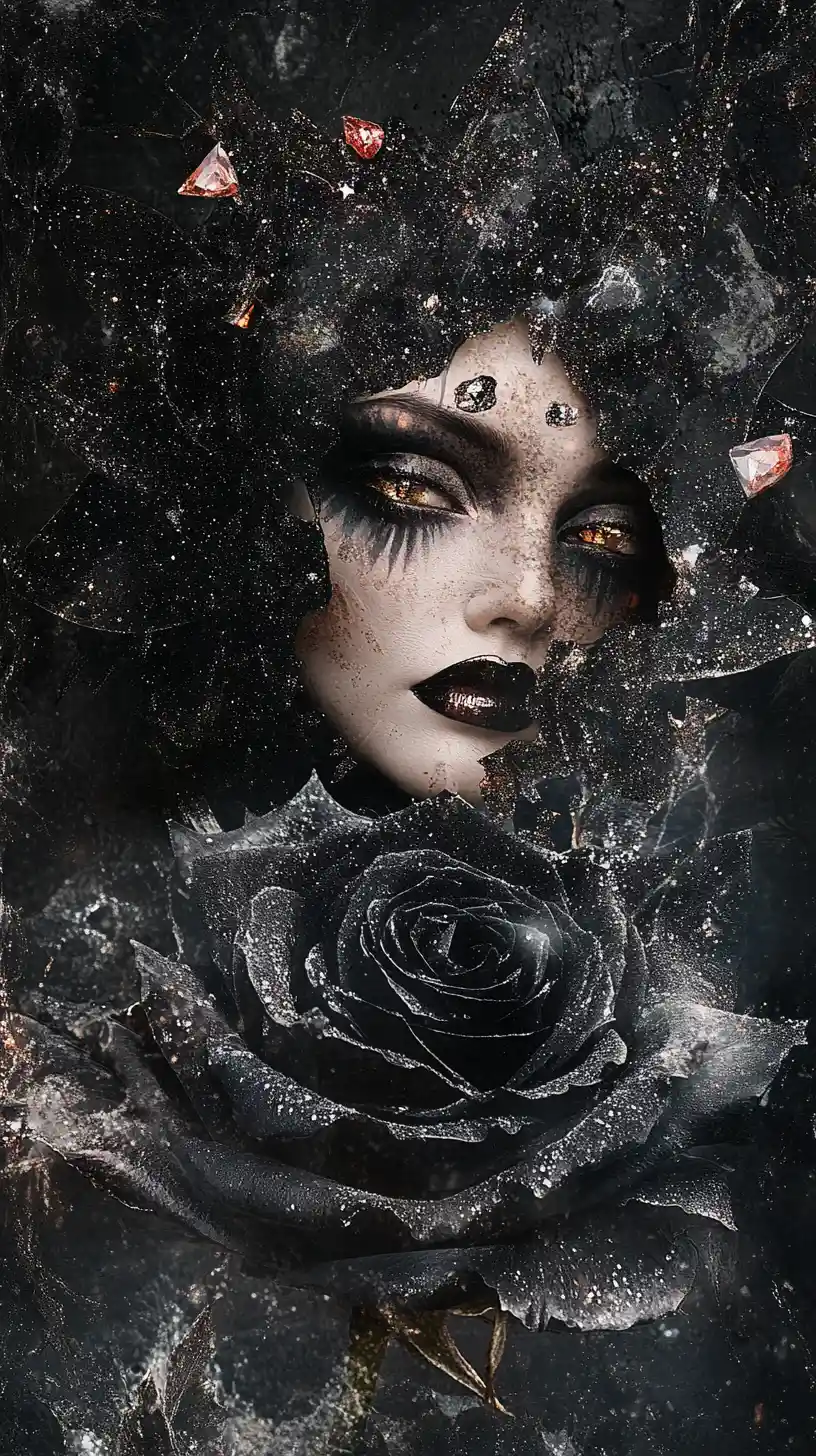 Ethereal vampire framed by a dark blooming rose