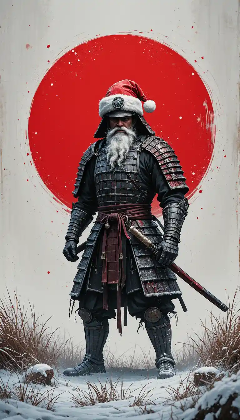 サンタ帽をかぶった侍戦士が雪の赤い太陽の下に立つシーン