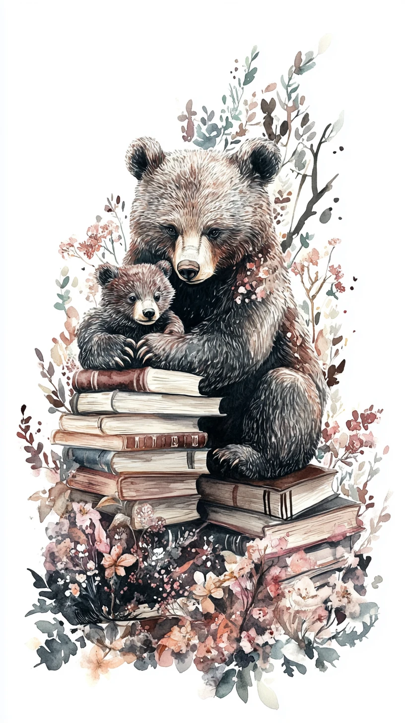 Aquarellbär mit Jungem neben Büchern auf weißem Hintergrund