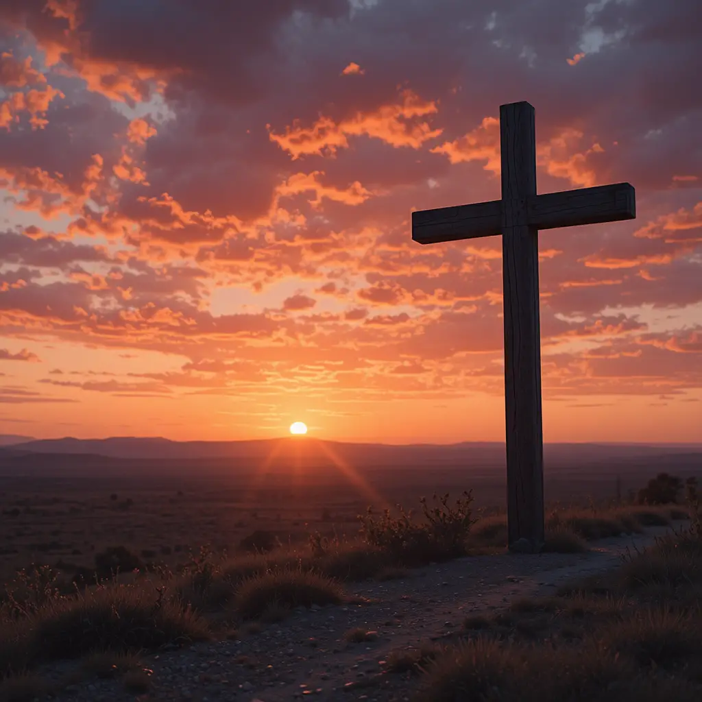 Lonely wooden cross silhouetted against a vivid sunset sky