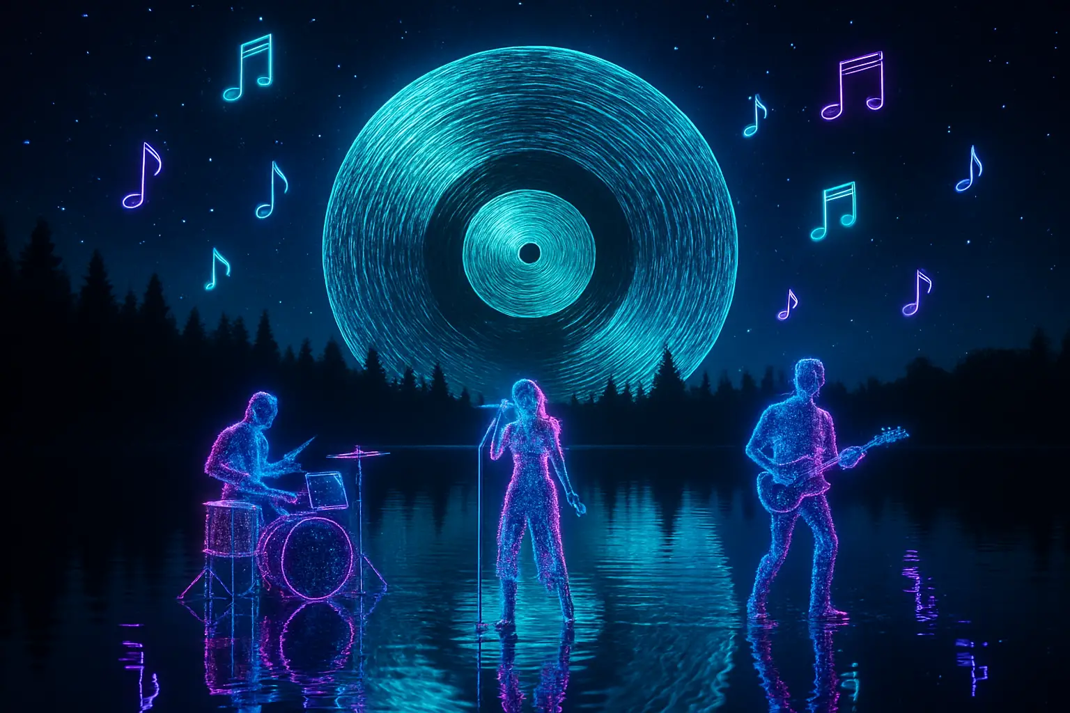 Surreal night lake with glowing record moon and band