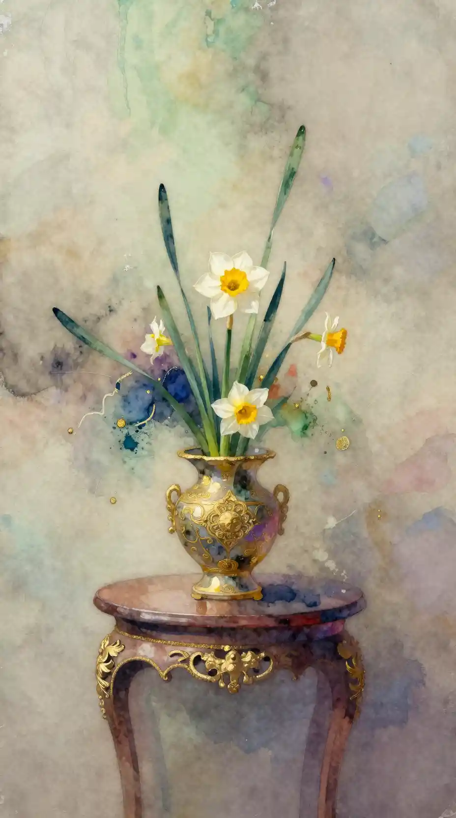 Arranjo ikebana abstrato com narciso em vaso ornamentado