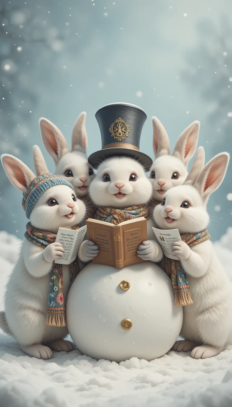 可愛白兔圍著雪人唱詩歌