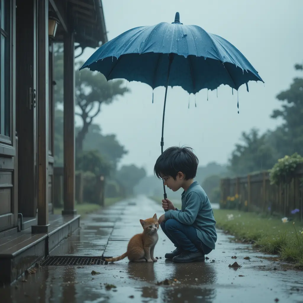 Little boy with torn umbrella walking alone in rain