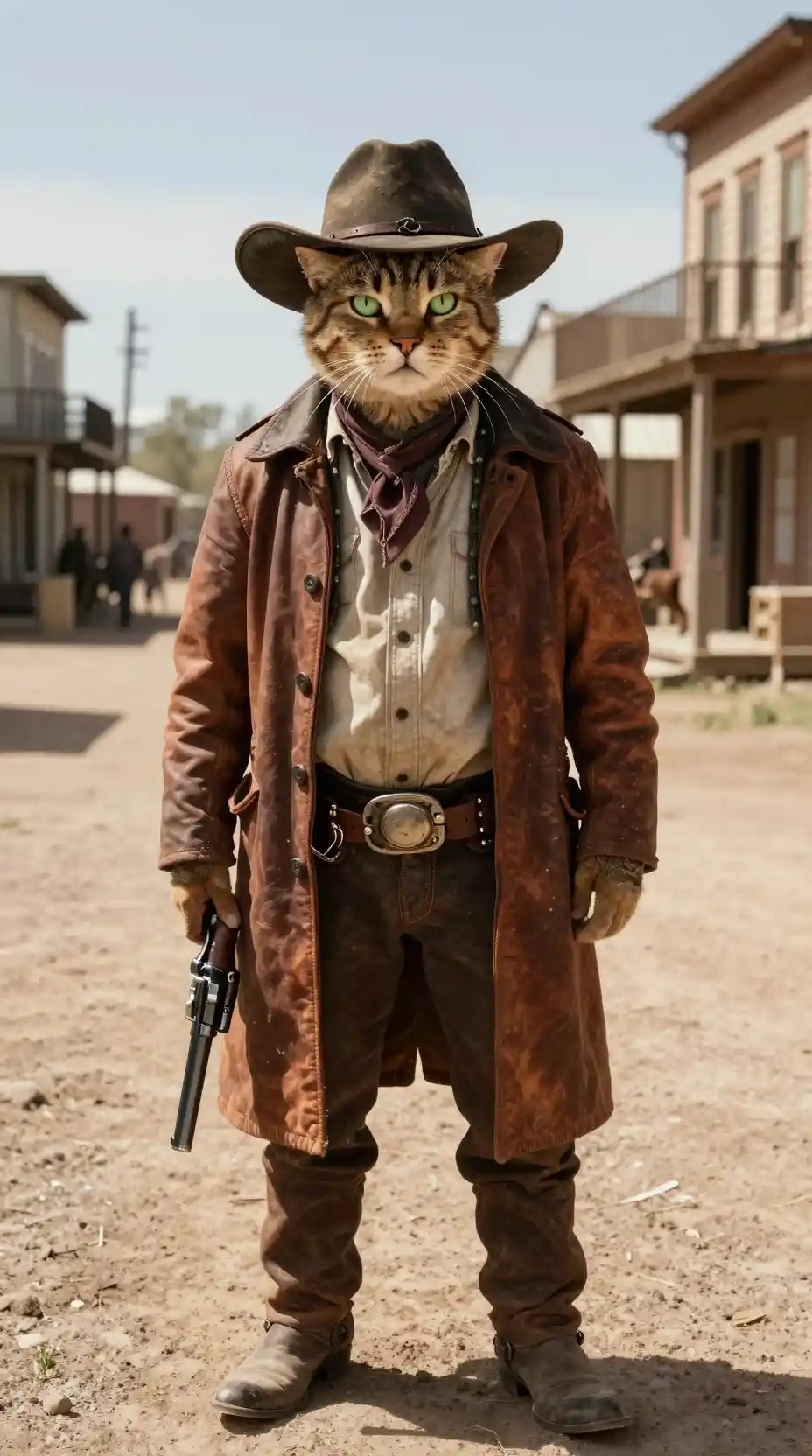 Cat cowboy in a dusty wild west town street