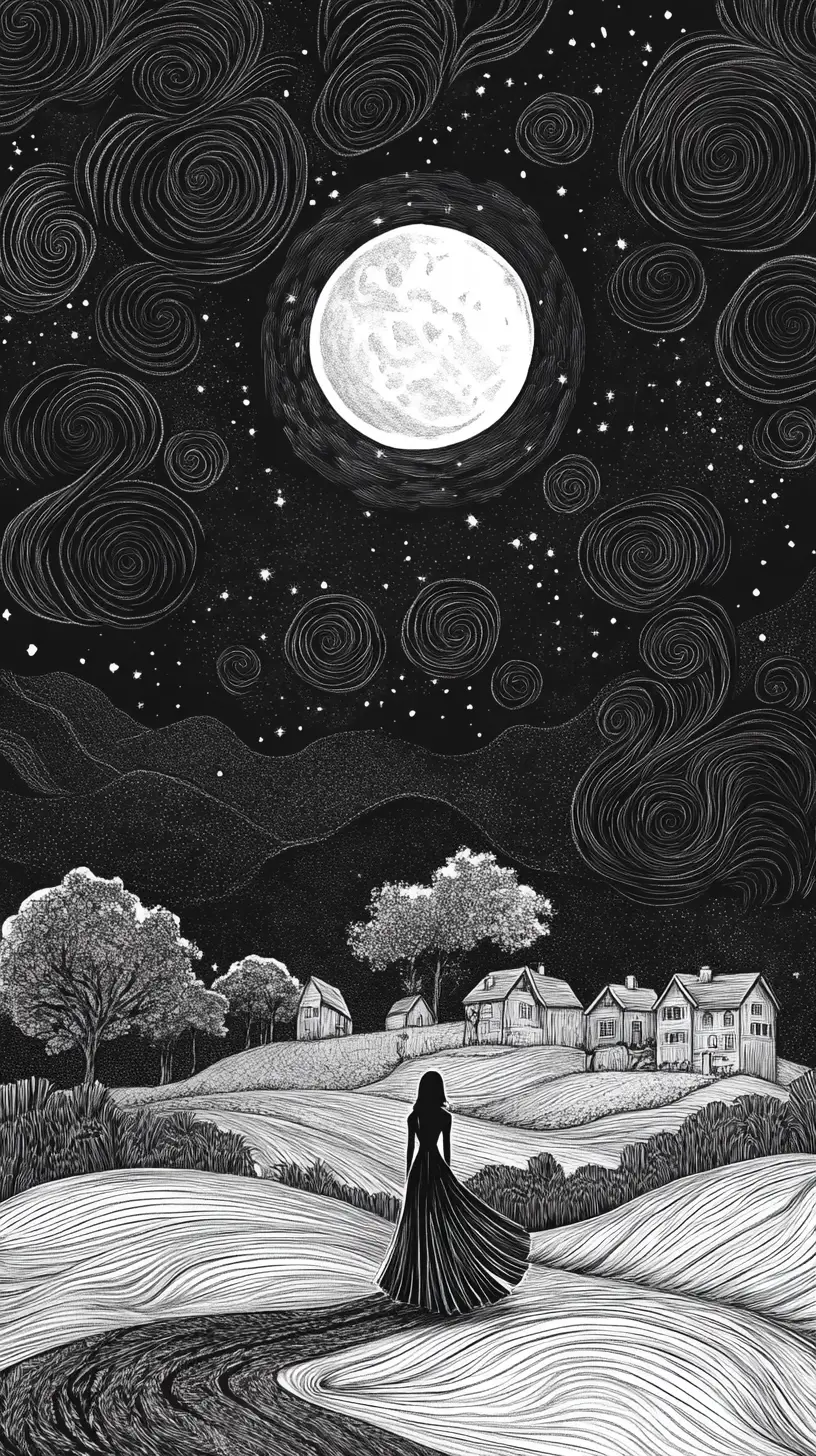 Fairy Walking Under Moonlit Sky In Ink Fantasy Landscape