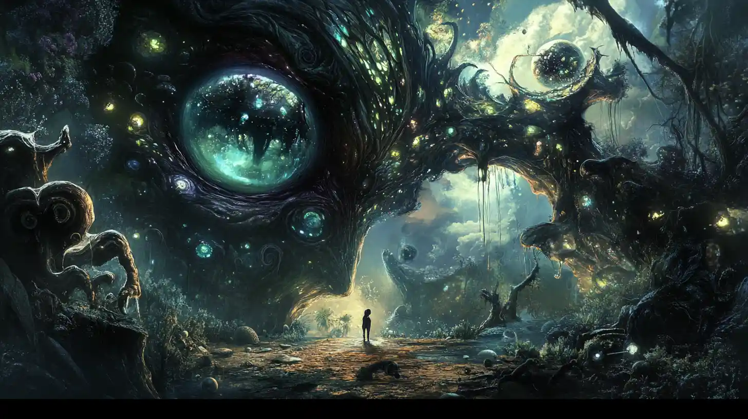 Surreal alien creature in a dark fantasy illusion scene