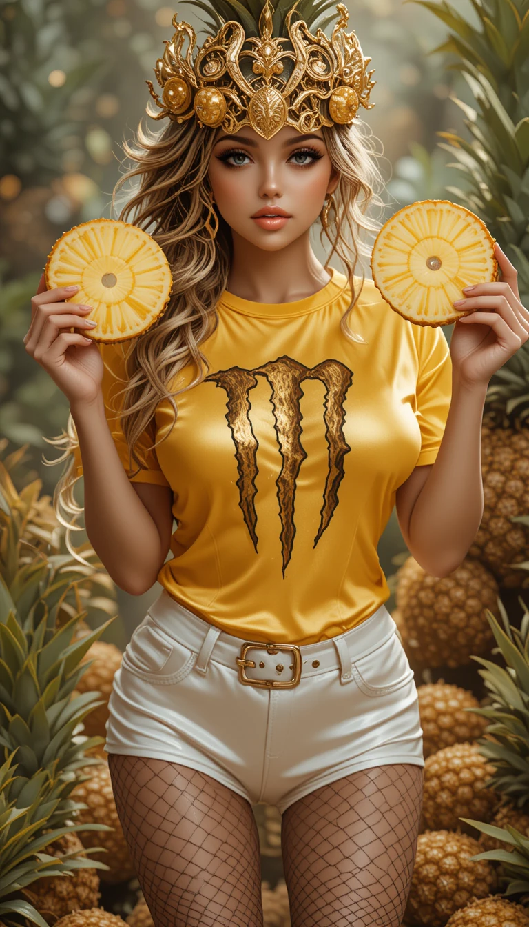 Glamorous blonde woman in yellow top holding juicy pineapple