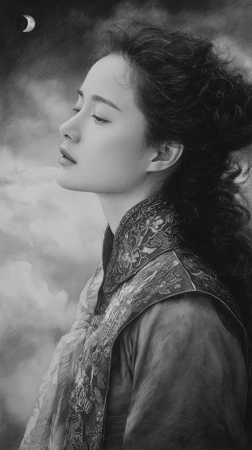 Melancholic woman in traditional attire under a distant moon