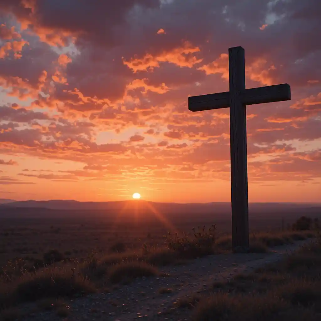 Lonely wooden cross silhouetted against a vivid sunset sky