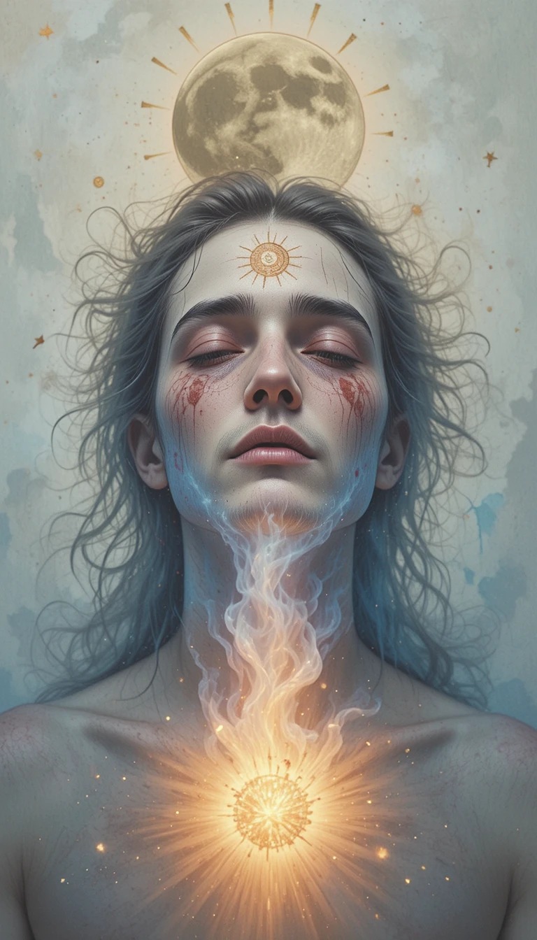 Surreal male face with bruise moon and glowing heart