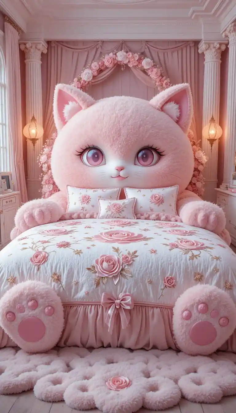 Riesiges Kawaii-Katzenbett im traumhaften Rosen-Kinderzimmer