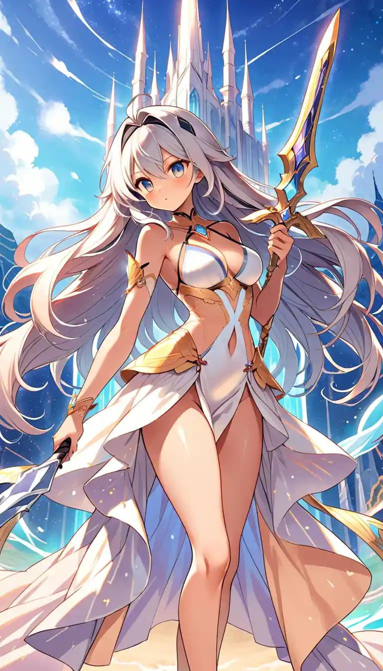 Silver haired angel girl with glowing blue sword