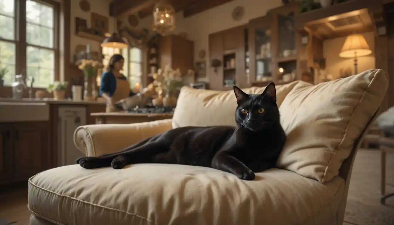 Chat noir se reposant sur un canapé dans une cuisine chaleureuse