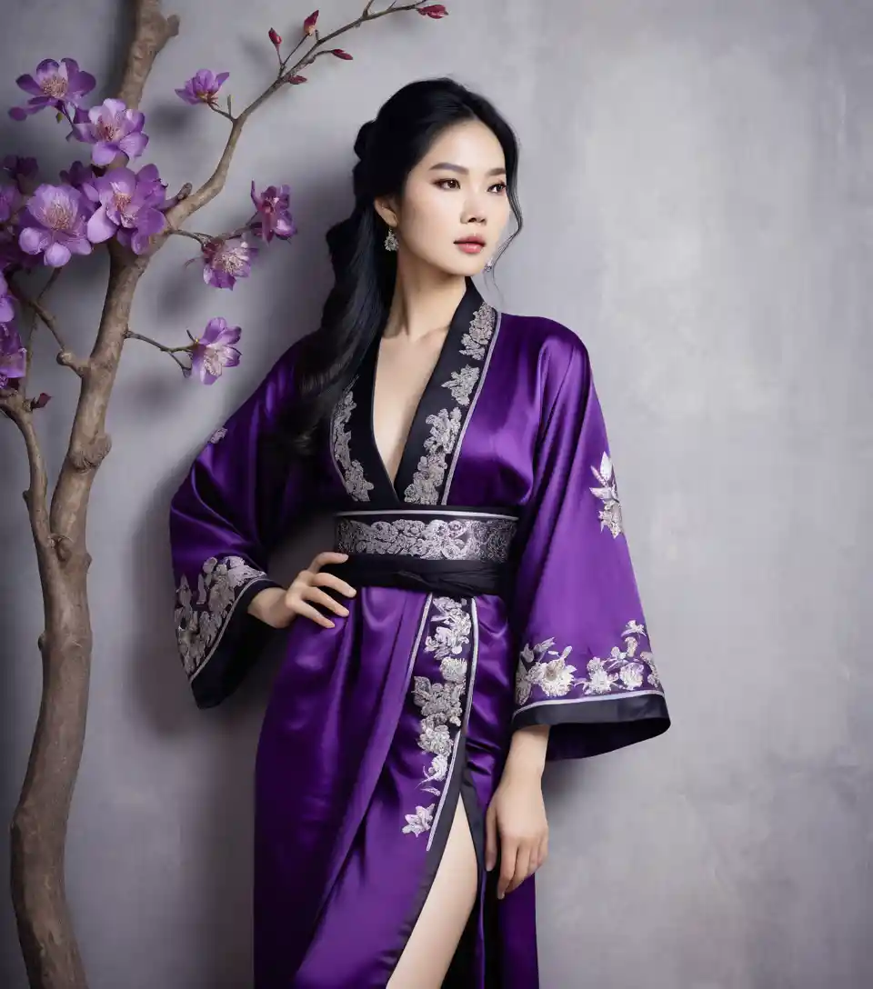 Vietnamese woman in purple silk robe in modern interior