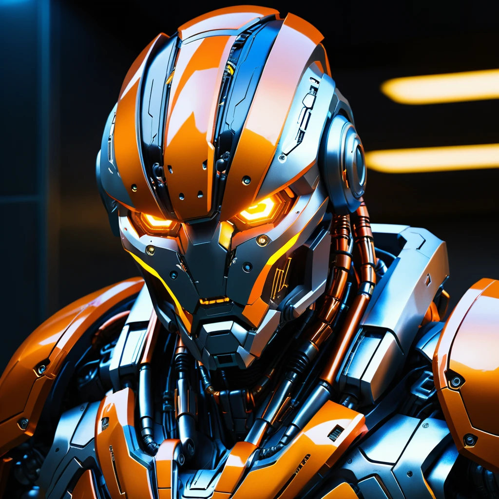 Guerrier cyborg avec casque robotique et yeux orange lumineux