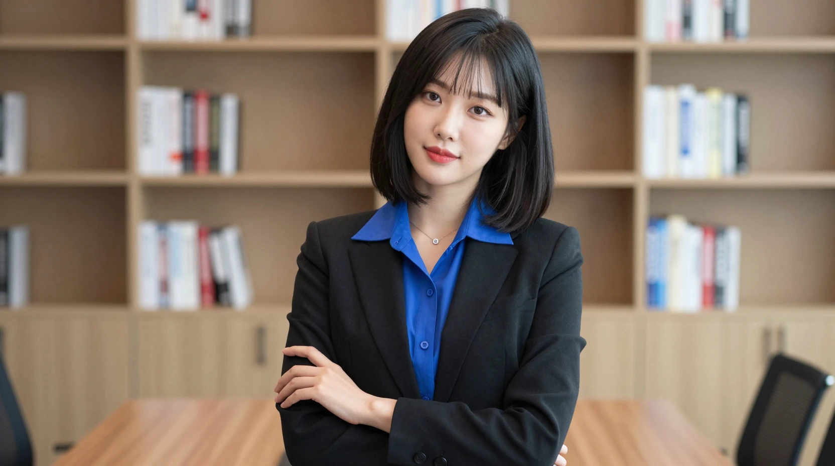 Confident Korean businesswoman in stylish suit by bookshelf