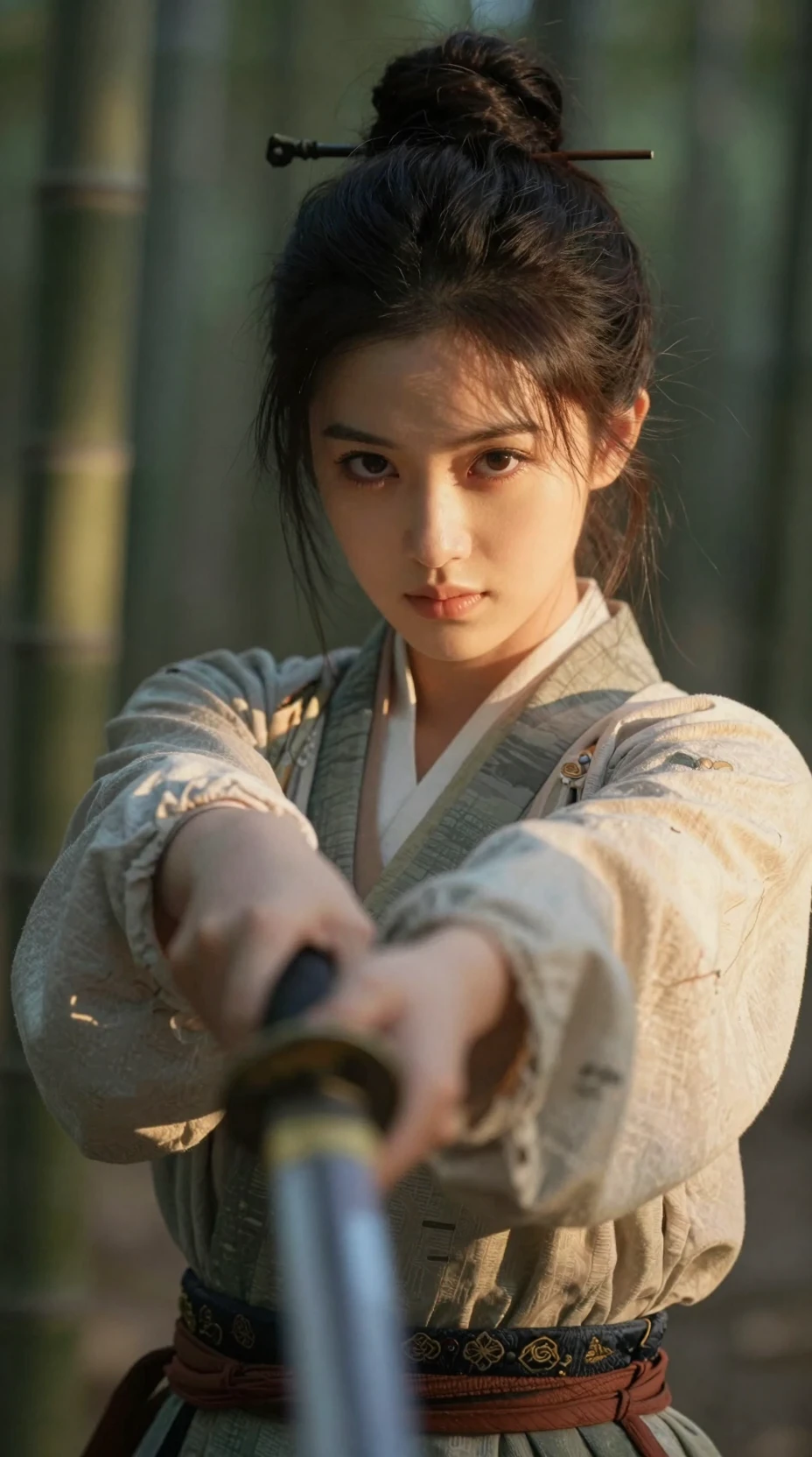 Giovane samurai che punta la spada in una foresta di bambù