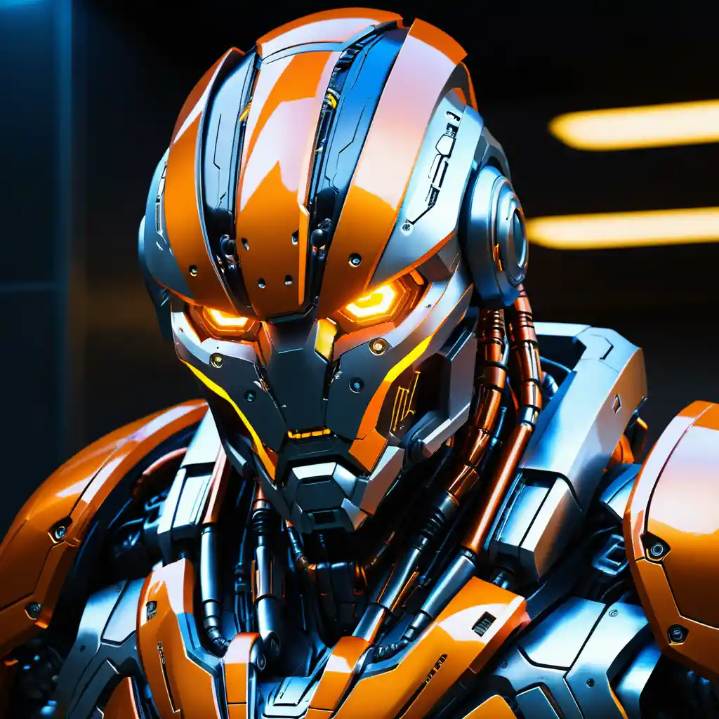 Guerrier cyborg avec casque robotique et yeux orange lumineux