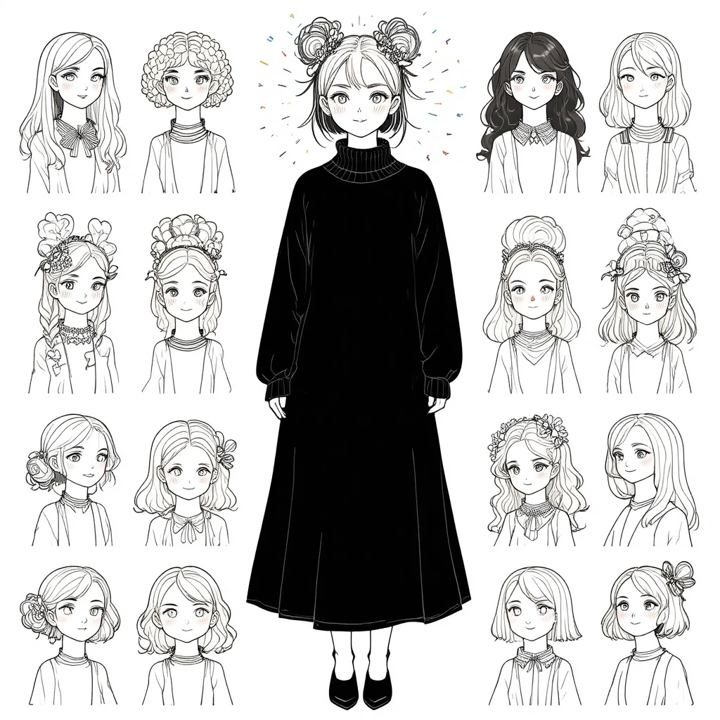 Two young girls in oversized black sweater line drawing