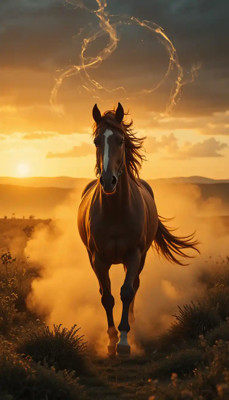 Mädchen läuft neben einem Hengst in goldenem Abendlicht