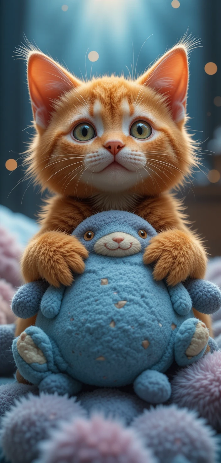 Playful little orange cat searching for a lost toy