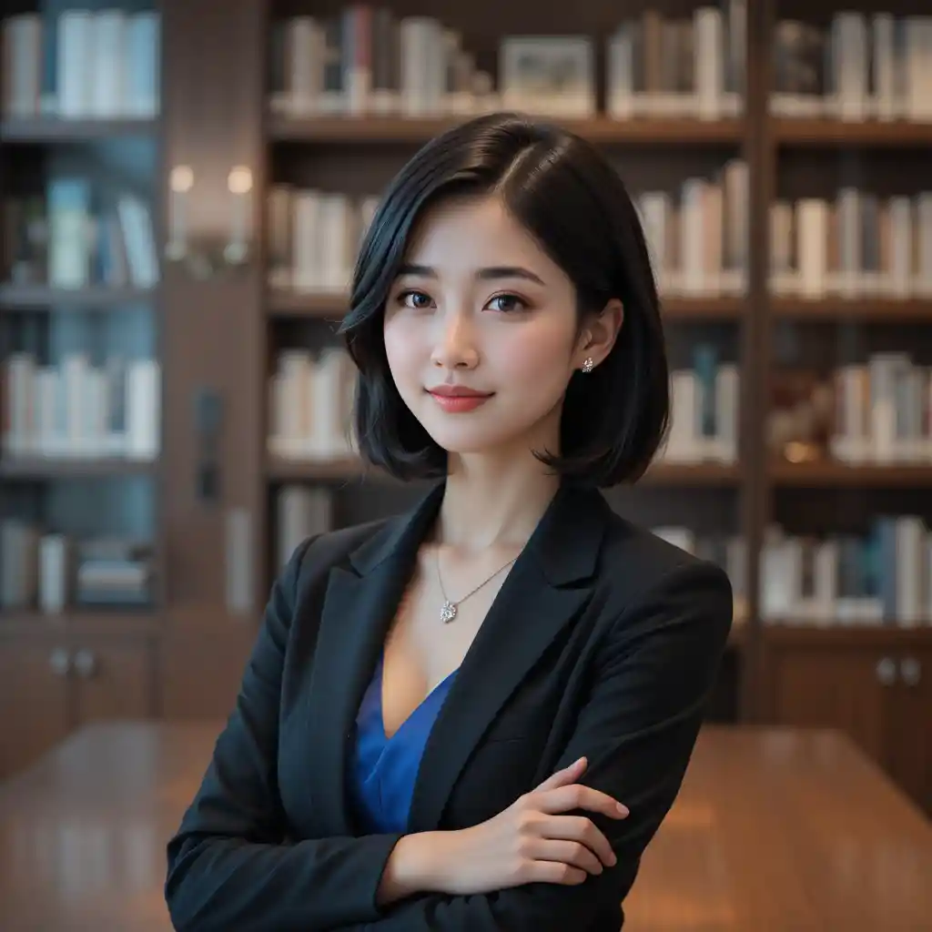 Confident Korean businesswoman in black suit by bookshelf