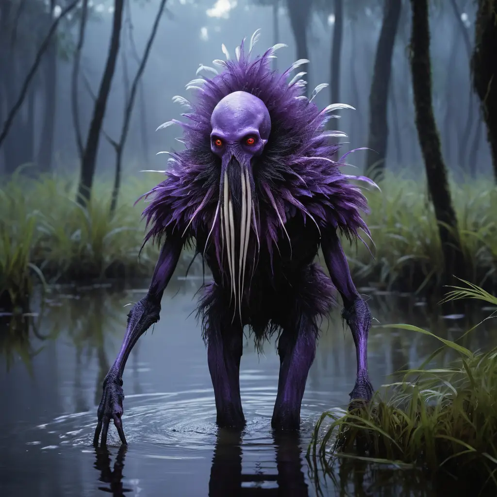 Humanoid swamp creature under eerie purple twilight glow