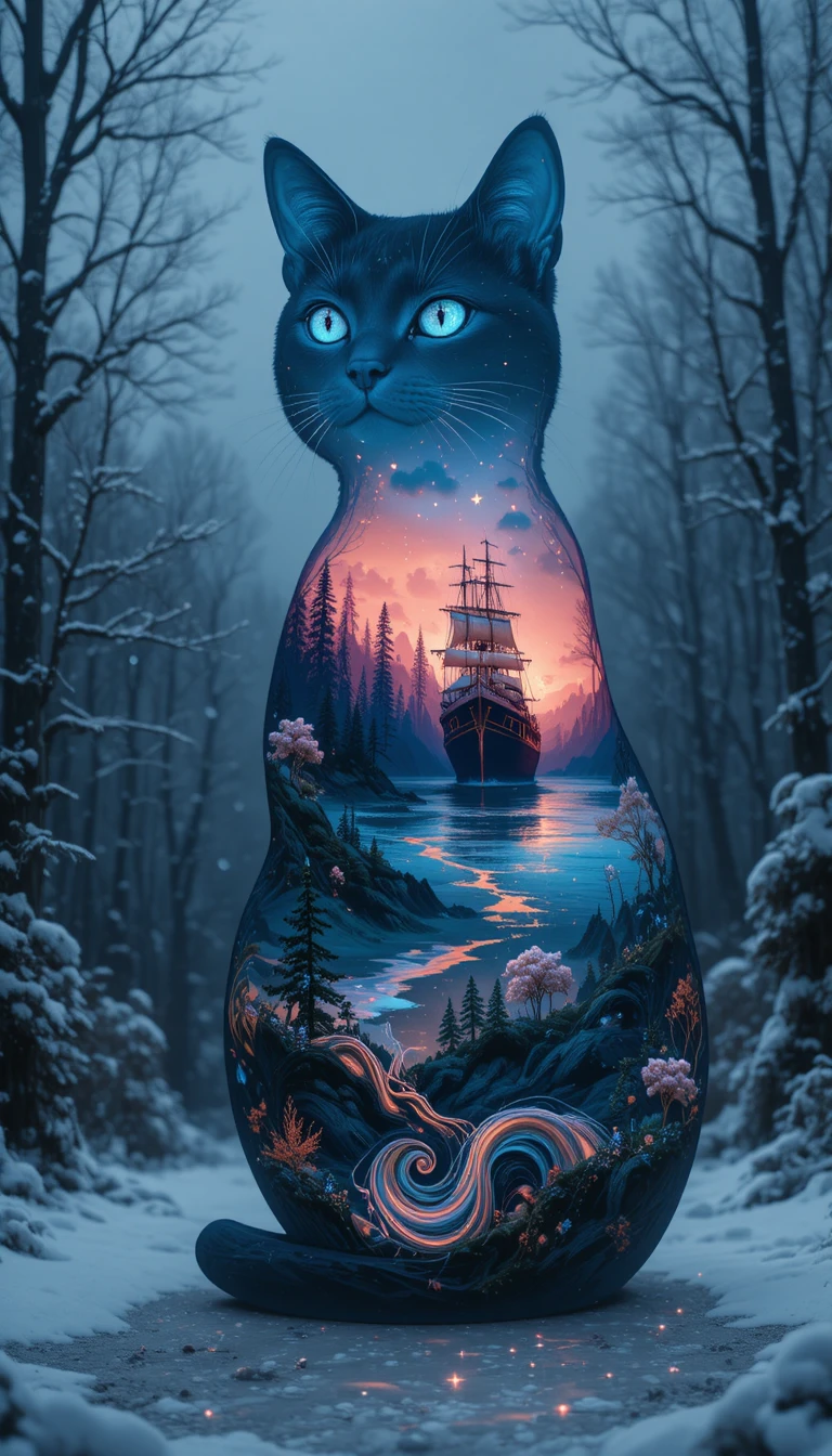 Winterlandschaft in einer Neon-Katzensilhouette Body Art