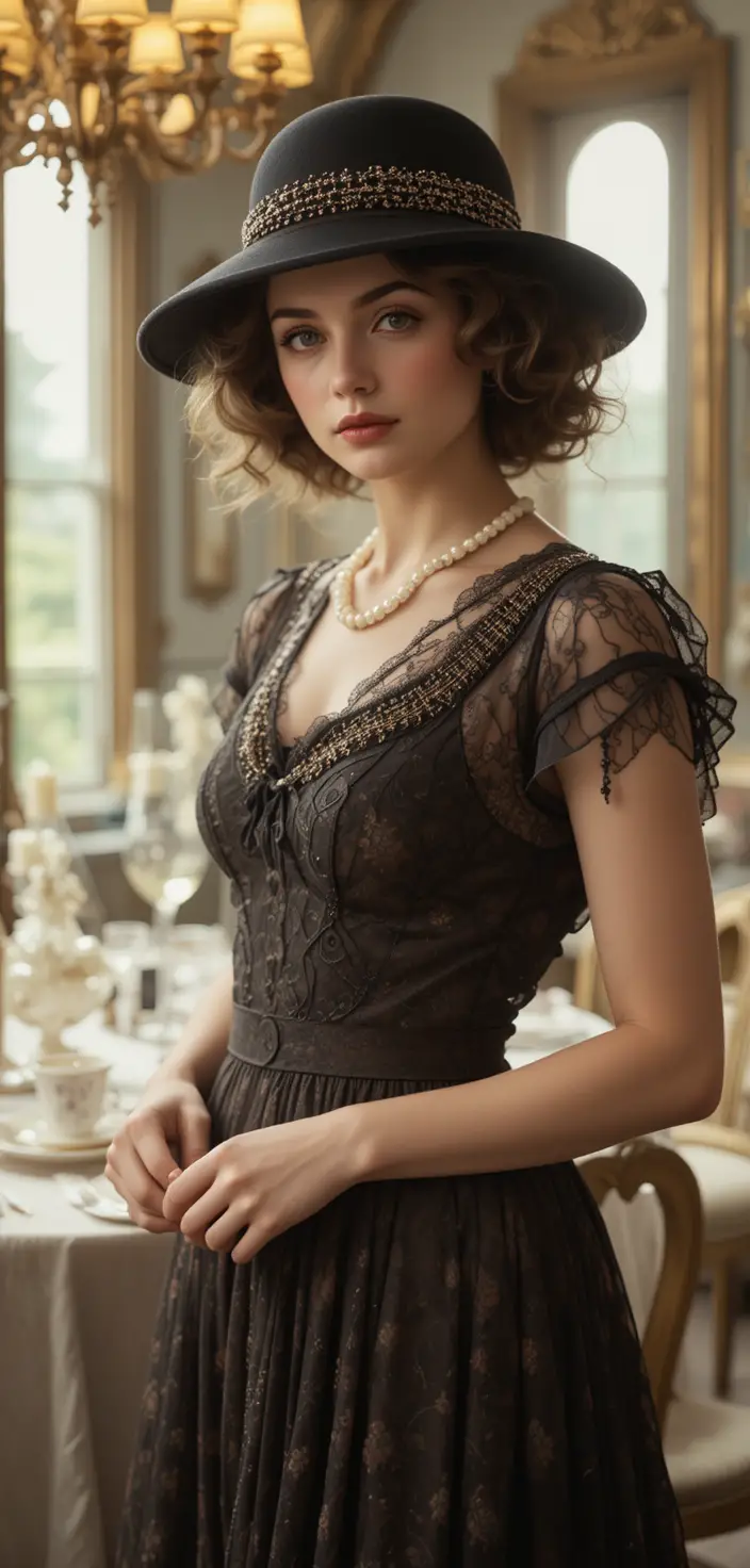Elegant woman at a grand 1925 English country house party