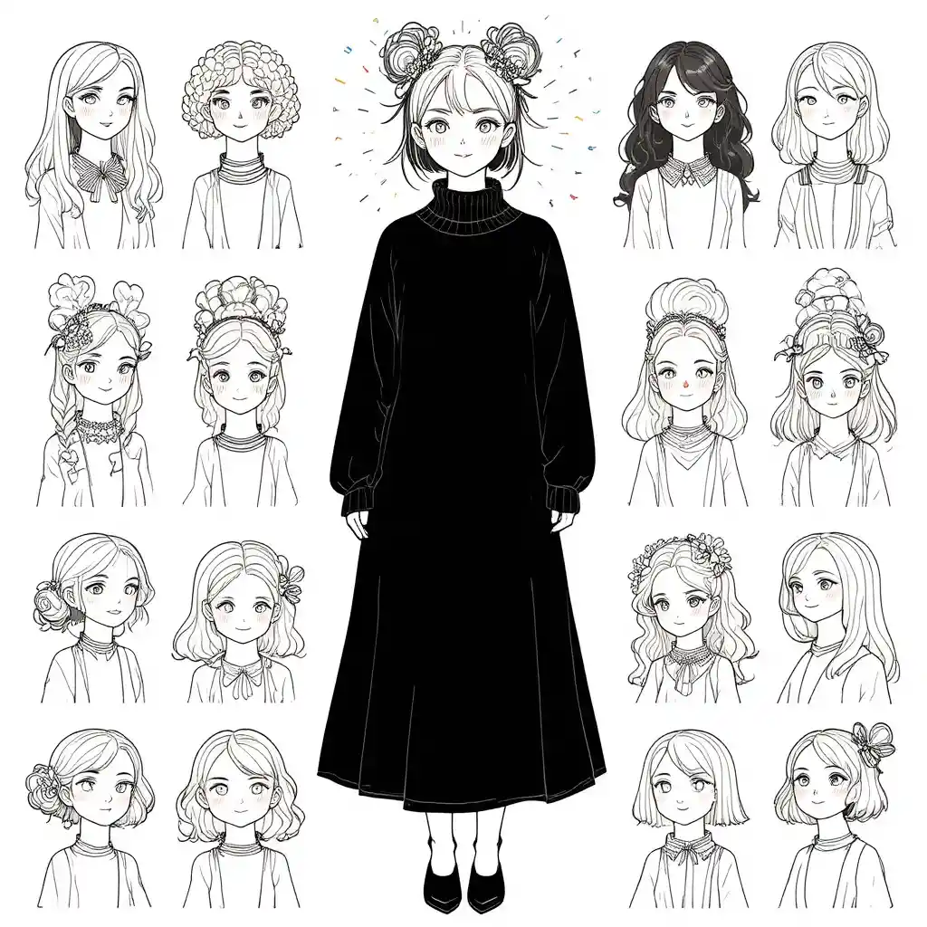 Two young girls in oversized black sweater line drawing