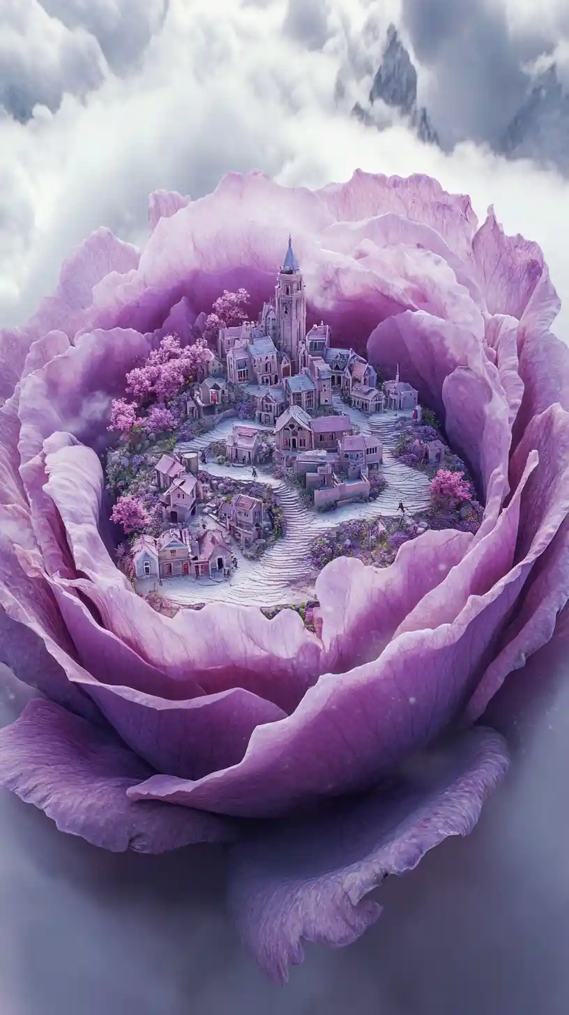 Miniature town built on a giant blooming lavender rose