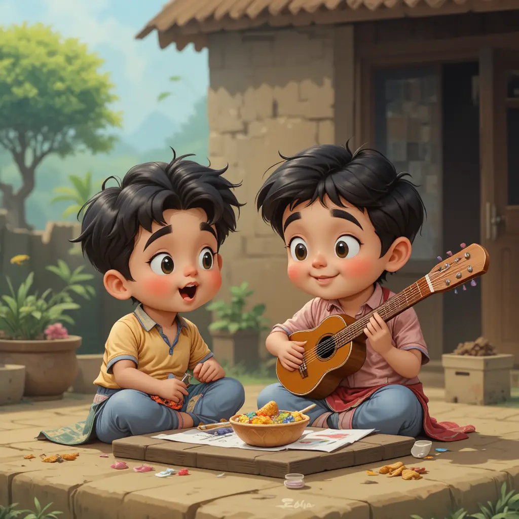 Two young monkey children living happily in a city home