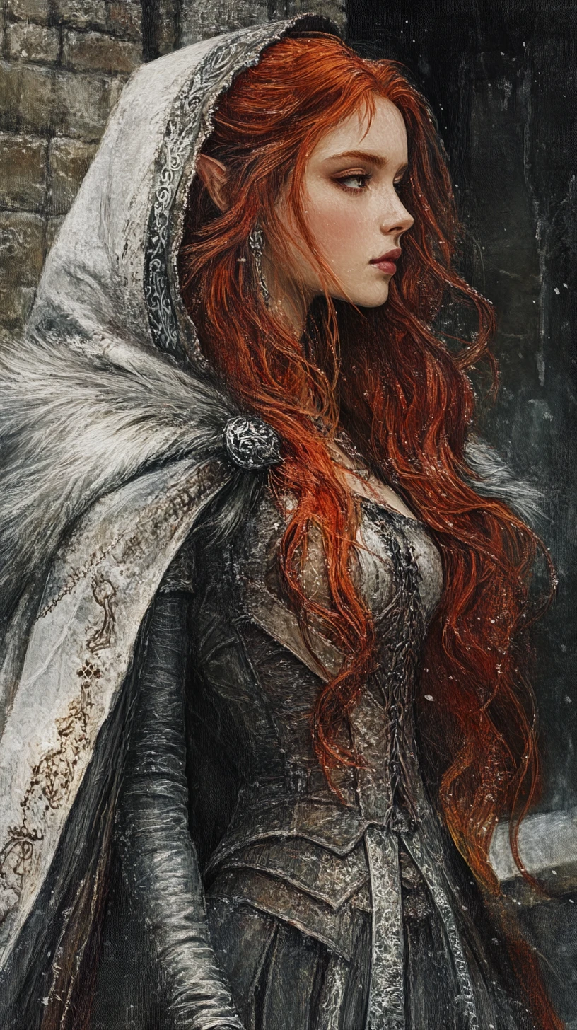 Red haired fantasy woman by a castle at night
