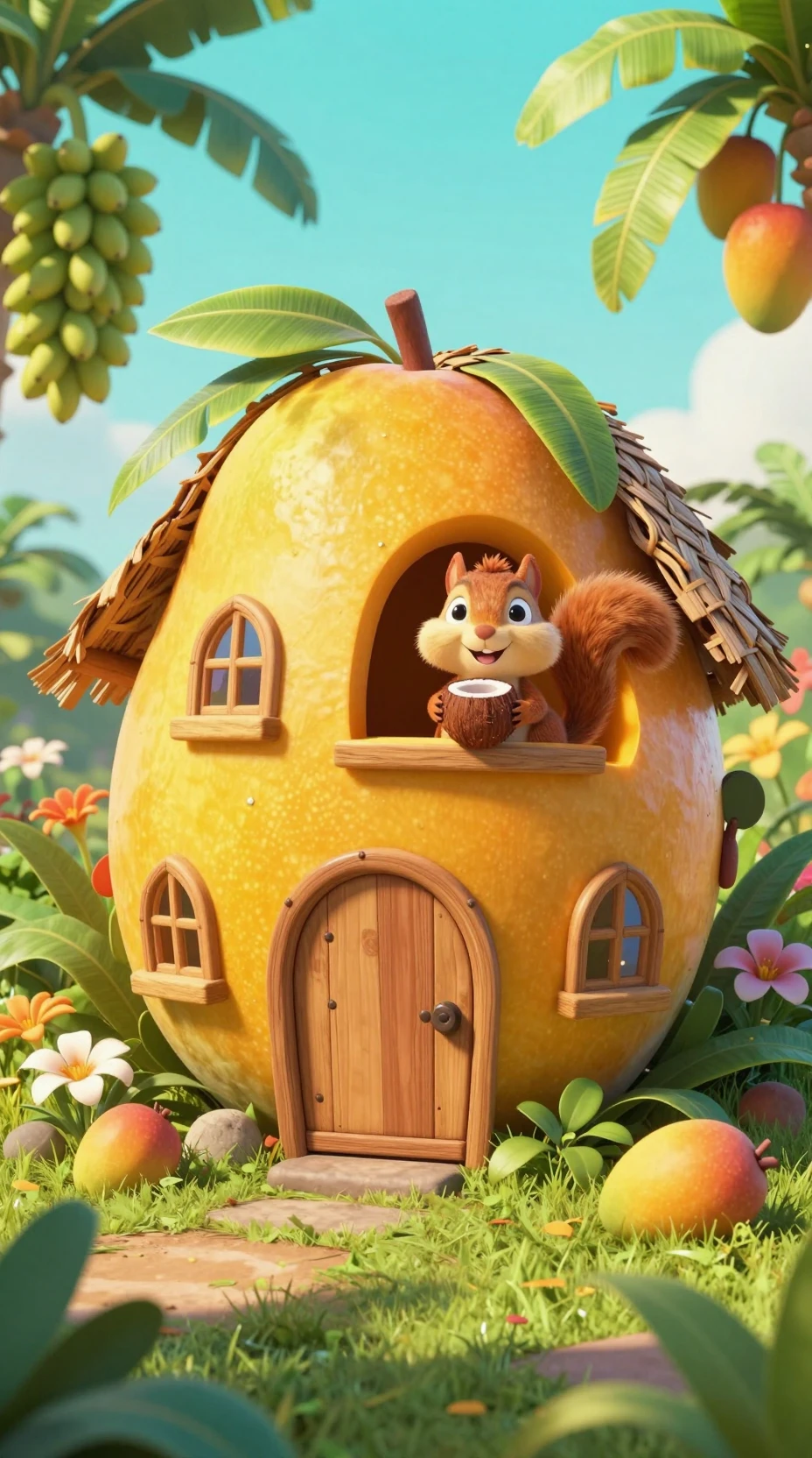 Ardilla fantasiosa en una casita de mango bajo un cielo tropical