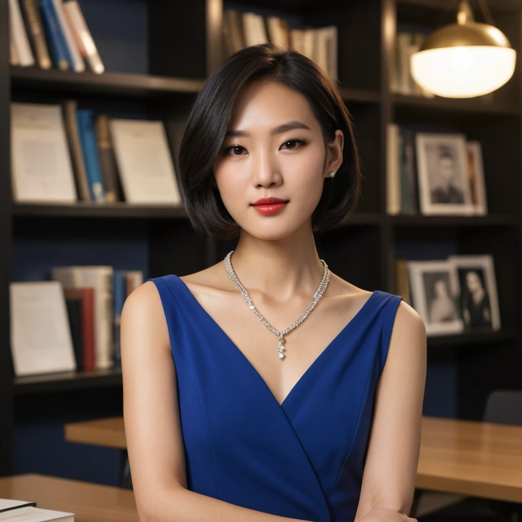 Confident Korean businesswoman in suit by office bookshelf