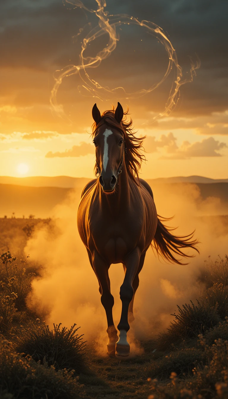 Ragazza che corre accanto a uno stallone al tramonto dorato