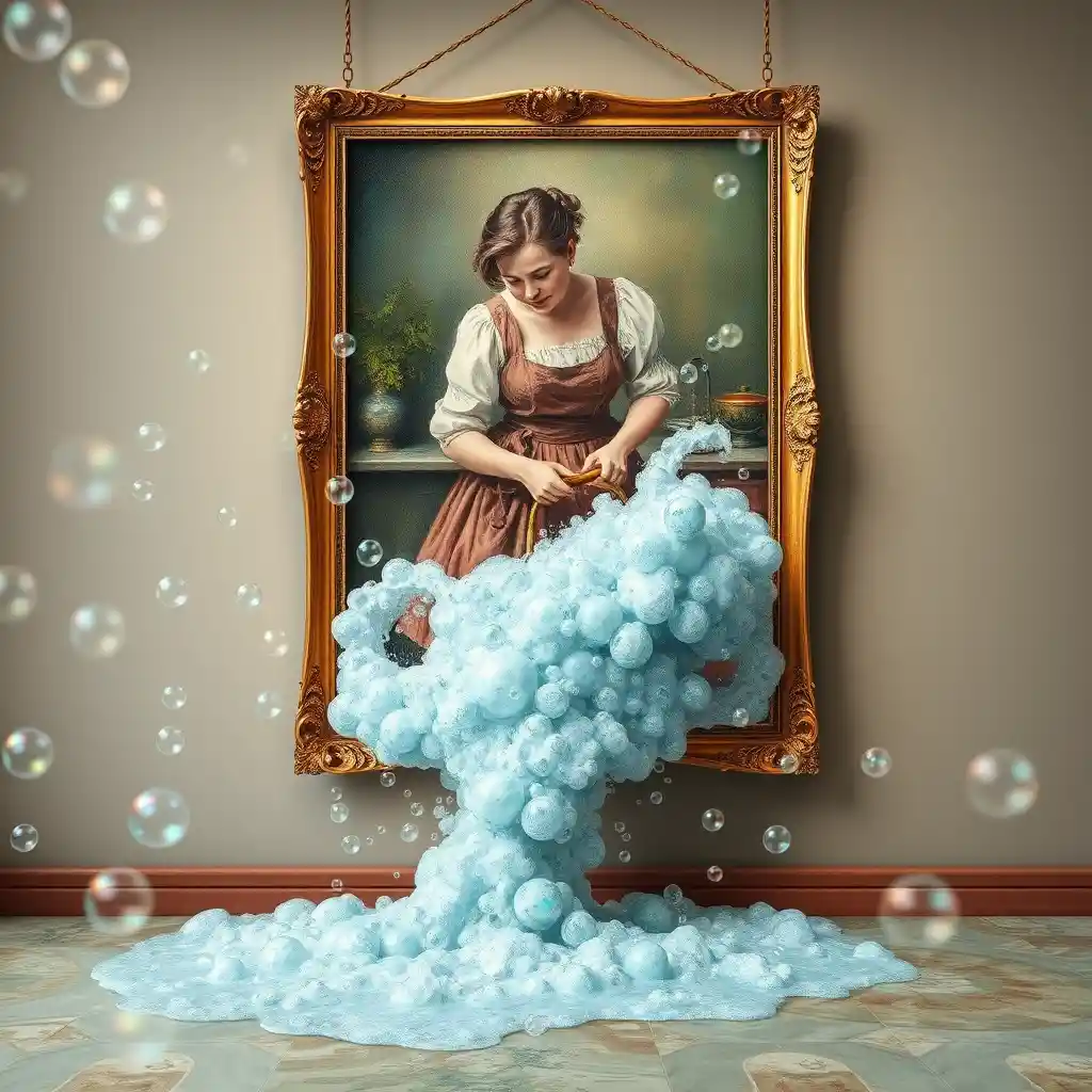 Surreal painting of housewife spilling soapy water and bubbles