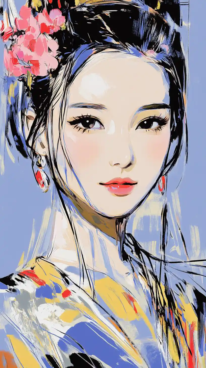 Elegant fairy woman in Tang dynasty costume with pink flowers