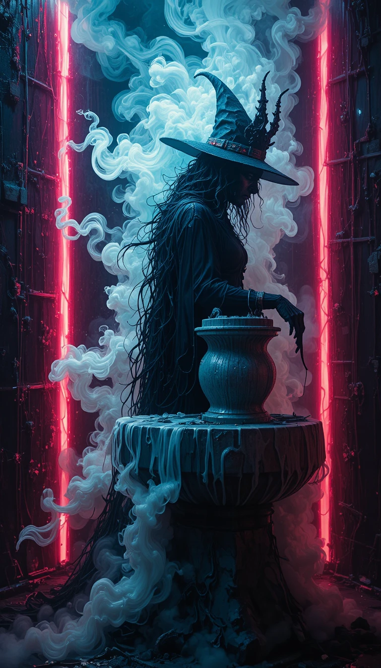 Surreal neon witch silhouette formed from thick white smoke