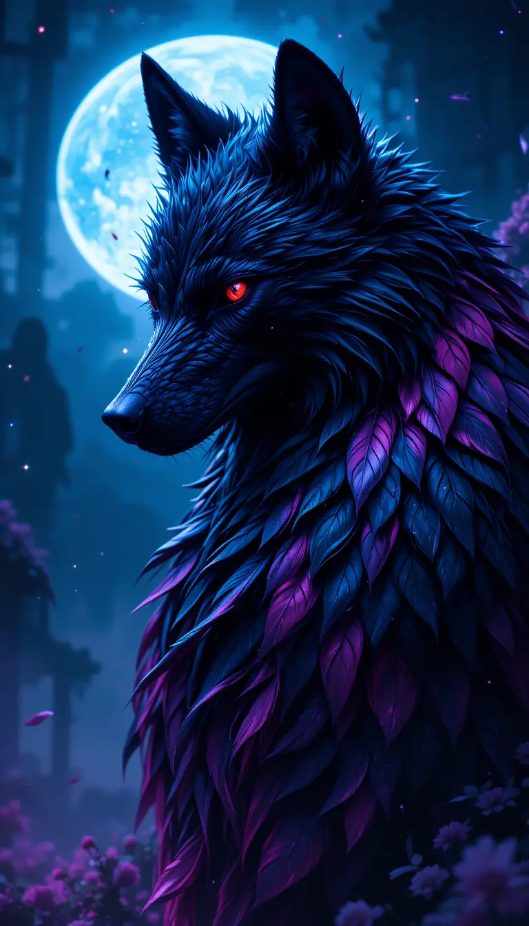 Anthropomorpher schwarzer Wolf mit glühend roten Augen in der Nacht